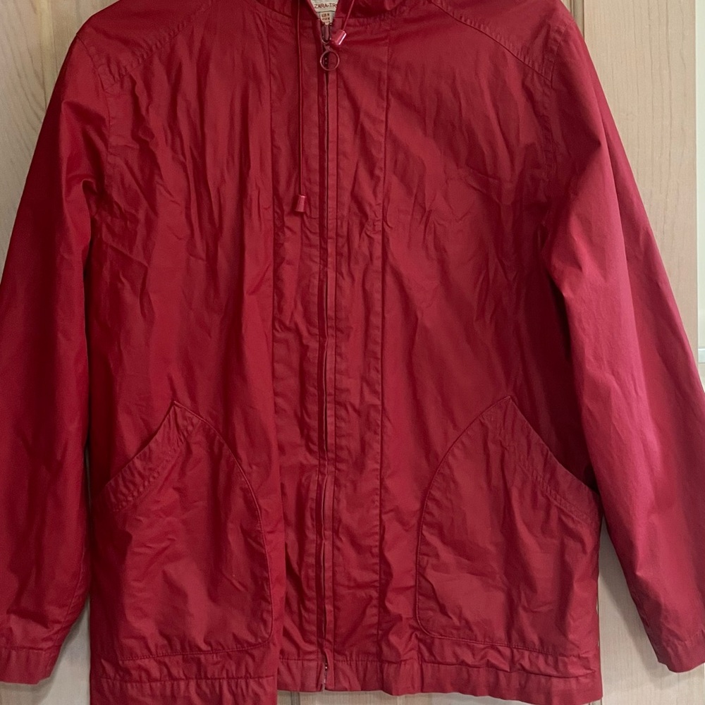 Zara Red Utility Jacket with Hood and Zipper